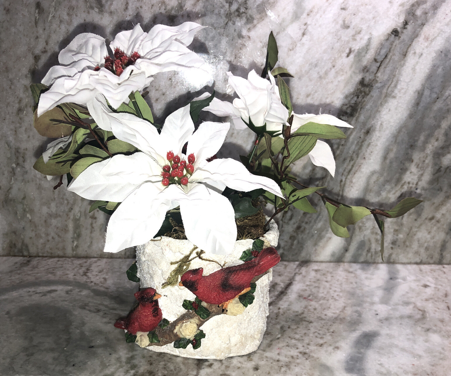Christmas Cardinal Flower Pot Filled With 9”H x 10”W Artificial Flowers-NEW