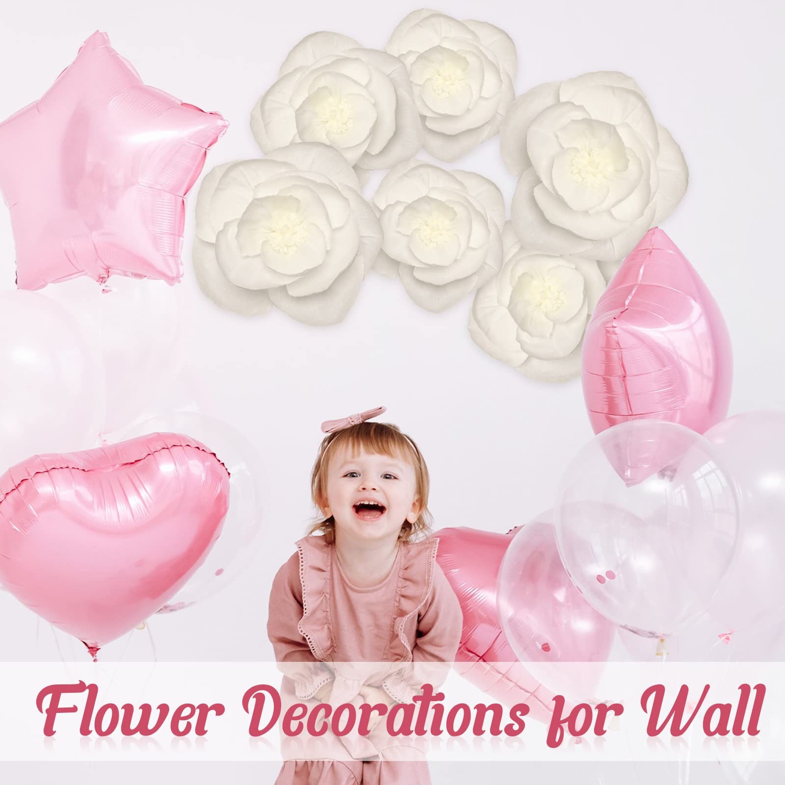6 Pcs Extra Large Jumbo White Flower Decorations for Wall with 10 Pcs Pad Lar…