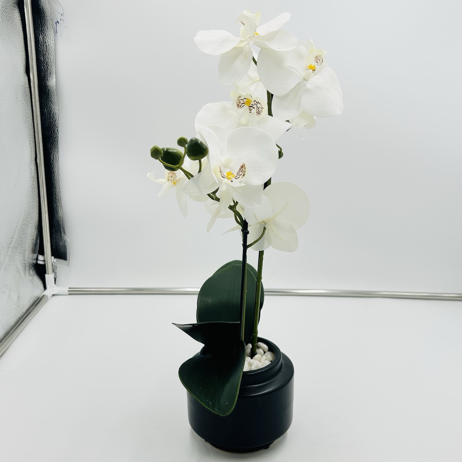 White Phalaenopsis 19″ Orchid Artificial Flowers with Black Vase Arrangement