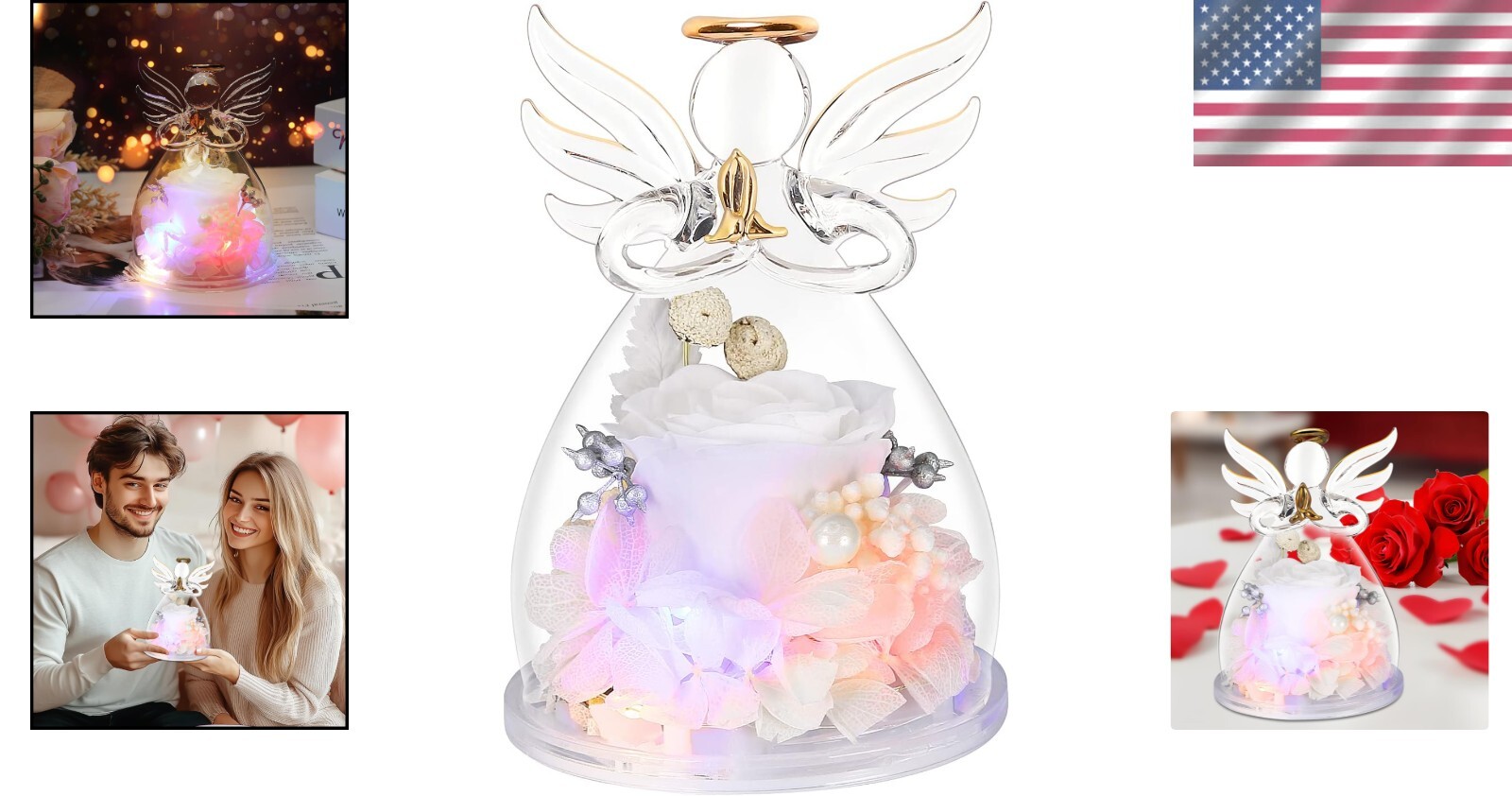 Sentimental Glass Angel Figurine with White Preserved Rose – Gift Box Included