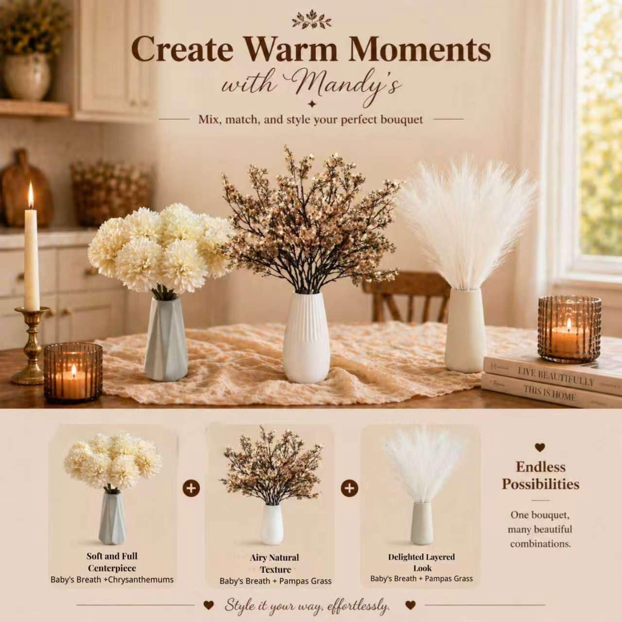 6 Bundles Light Brown Artificial Babys Breath Flowers Silk Gypsophila 18.5 In