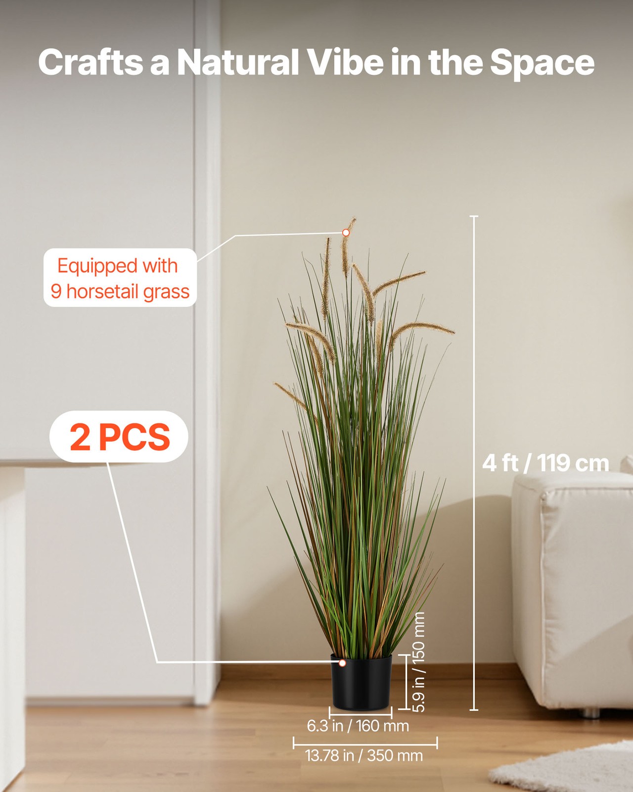 VEVOR Artificial Grass Plant 47 Inch Horsetail Reed Grass In Pot 2 Pack Green