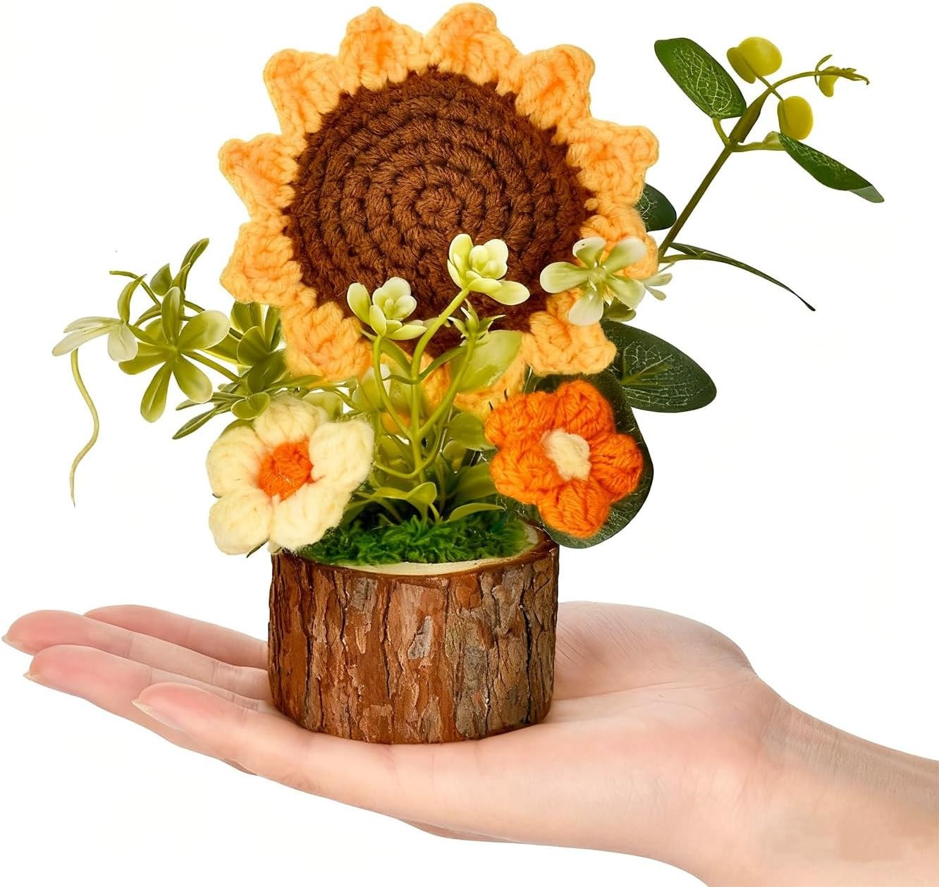 Handmade Crochet Sunflower Bouquet Knitted Potted Plant Mini Desktop Decor Gift