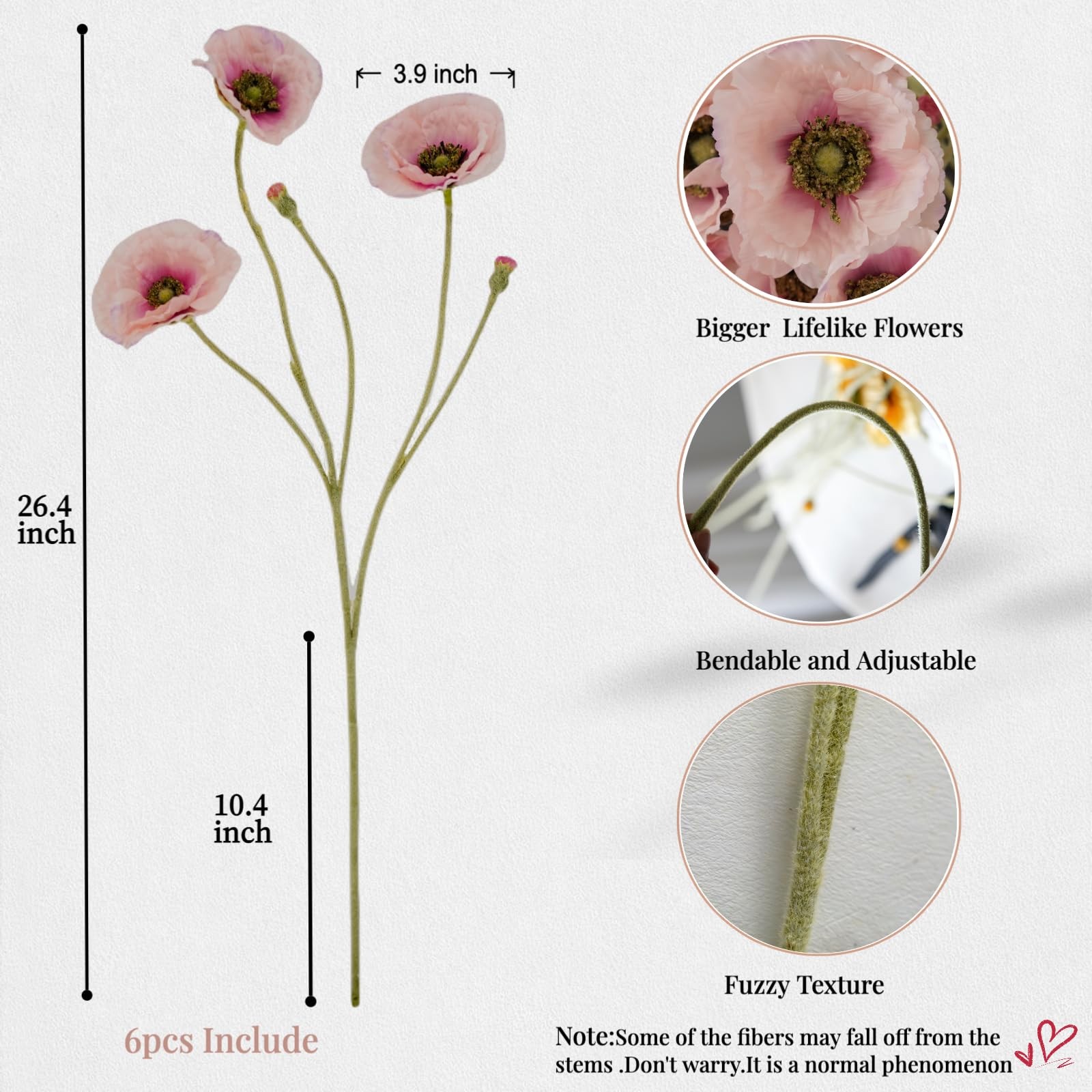 Artificial Poppy Flowers 26.4″ – 6Pcs Faux Silk Poppy Stems with Ruffled Peta…