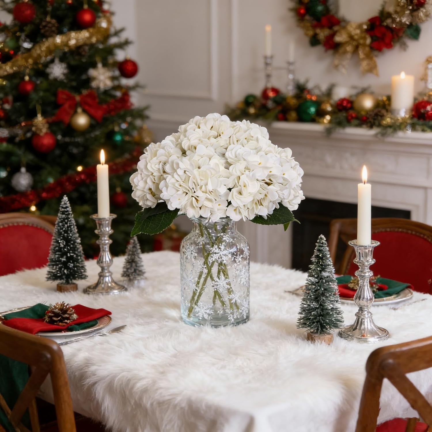 6pcs White Silk Hydrangea Flowers with Stems for Wedding