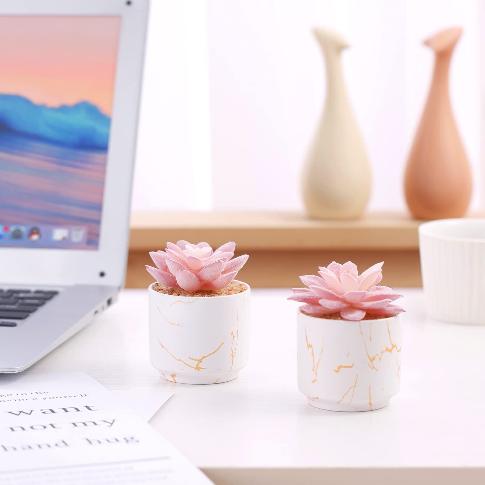 Artificial Plants Succulents 2 White Ceramic Pots Small Fake for Office Desk