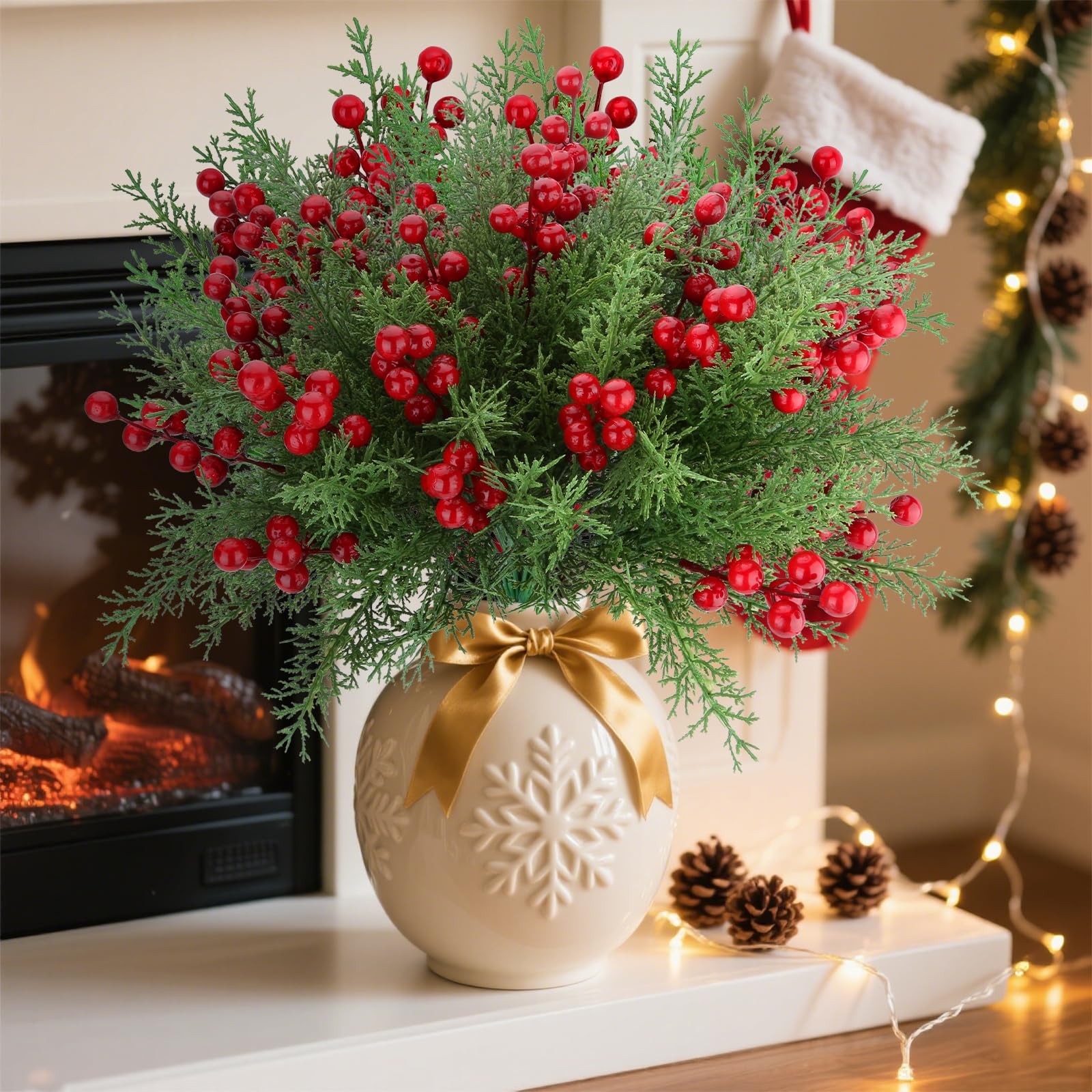 4 Bundles 140 Pcs Artificial Christmas Flowers with Red Berry Stems, Fake Nor…