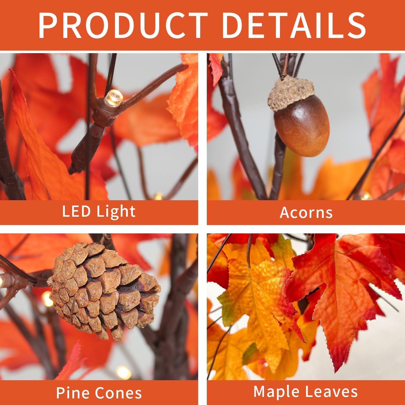 2FT 24 LED Fall Tree Lights USB/Battery Powered Lighted Maple 48 Leaves