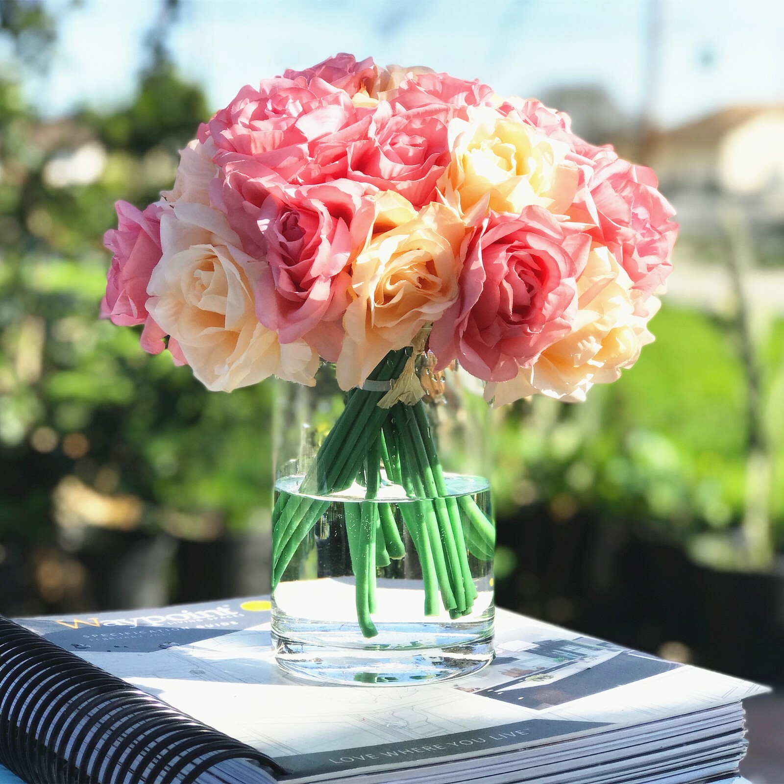 Artificial Open Rose Fake Flower Arrangements in Glass Vase with Acrylic Water