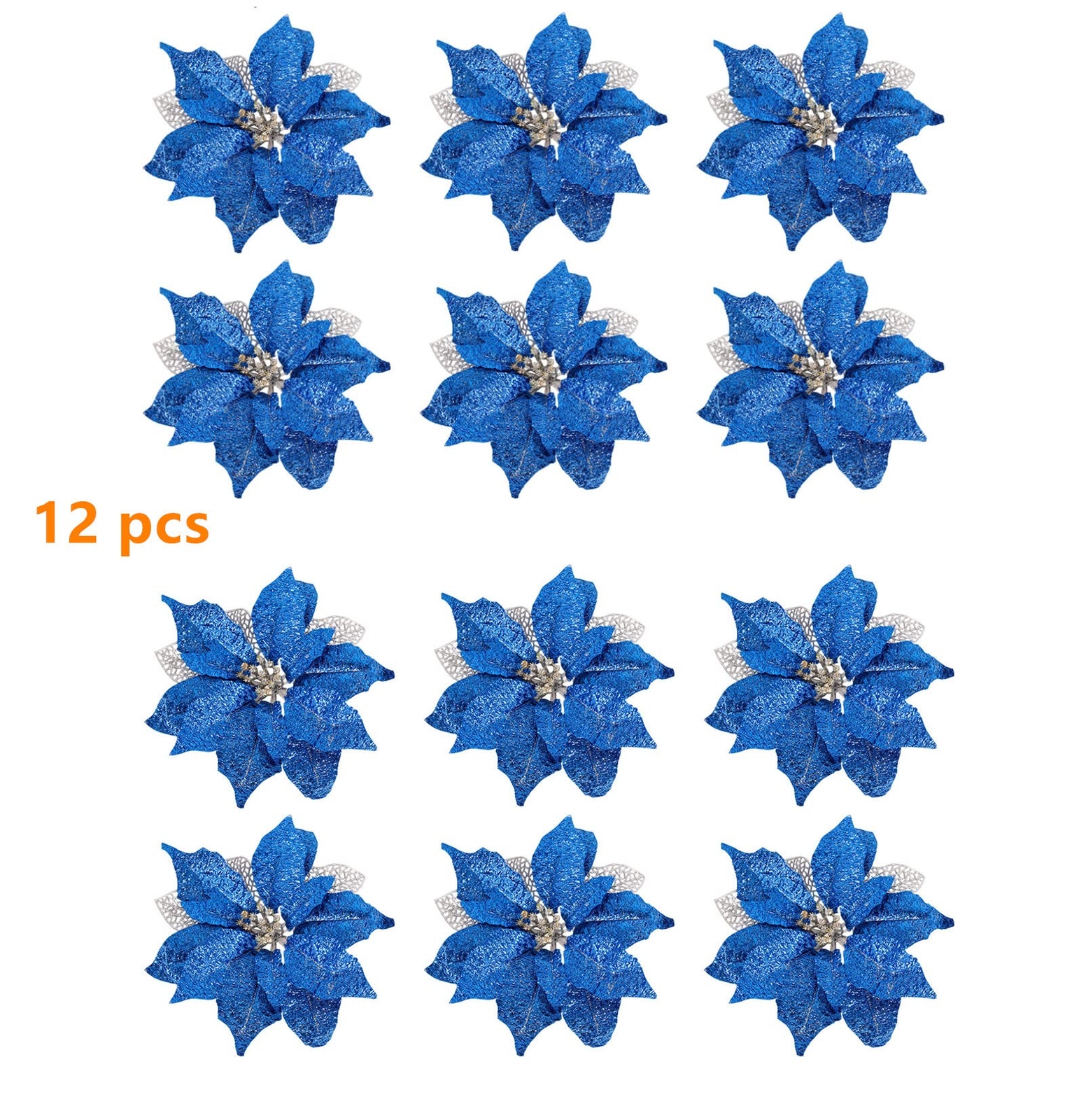 12 Pack 9 Inch Blue Glitter Poinsettia Christmas Tree Ornaments Wedding Flower