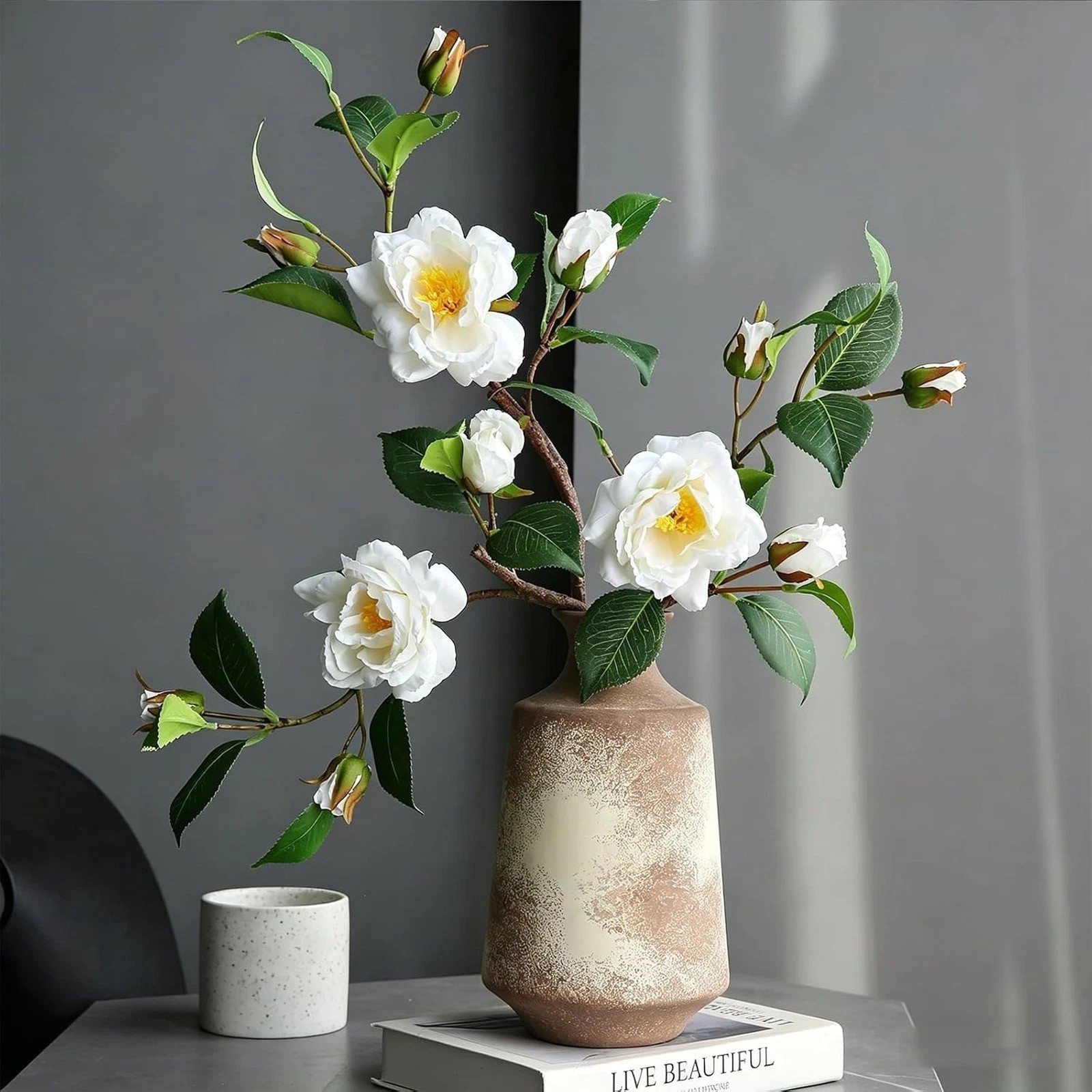 Artificial Camellia Flower Stems for Vase Decoration Faux Silk White Indoor
