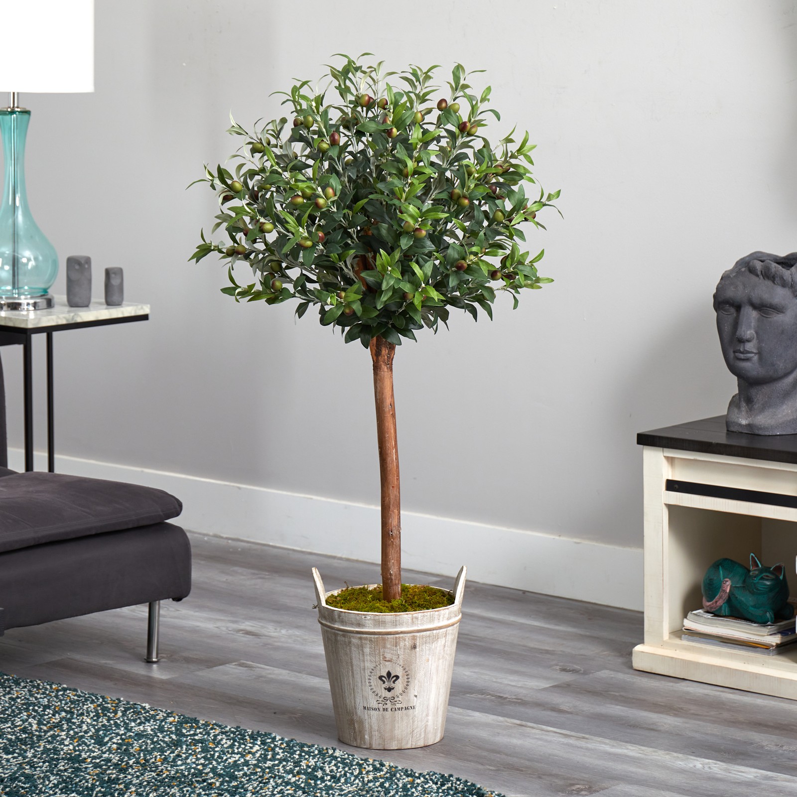 Nearly Natural 4.5ft Olive Topiary Tree with European Barrel Planter in Green