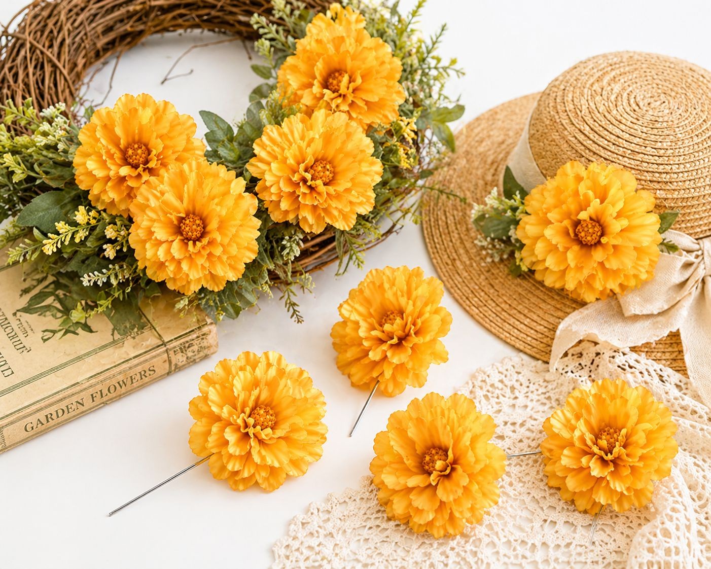 Yellow Peony Flower Picks Set of 8 Golden Yellow Blooms Wired Floral for Wreaths