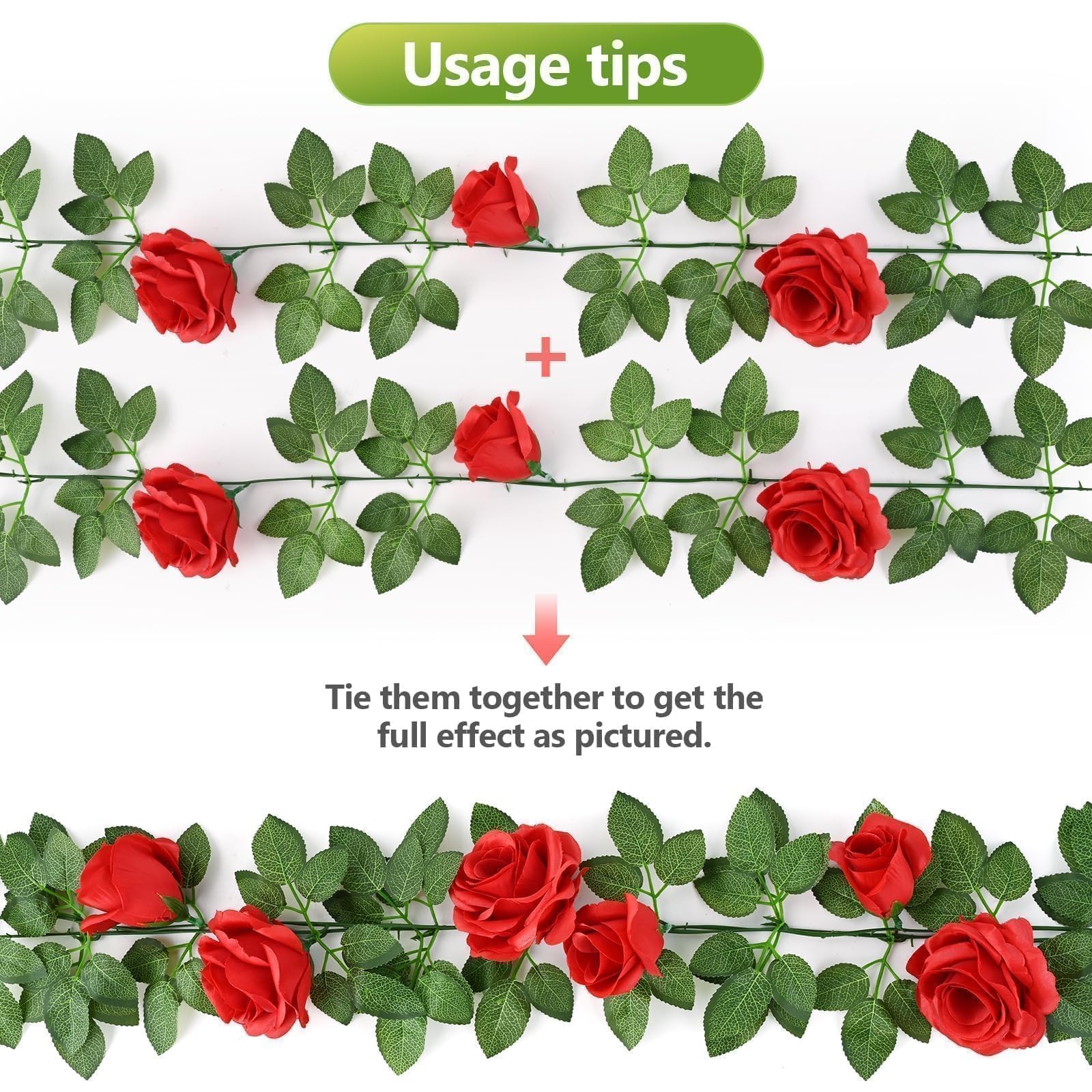 2Pcs 14.5FT Artificial Flower Garland with 10 Roses, Fake Silk Rose Hanging F…