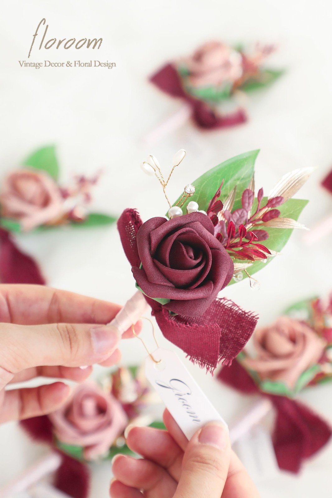 6 PCS Dusty Rose Burgundy Foam Boutonnieres With Pins Men Wedding Groomsmen