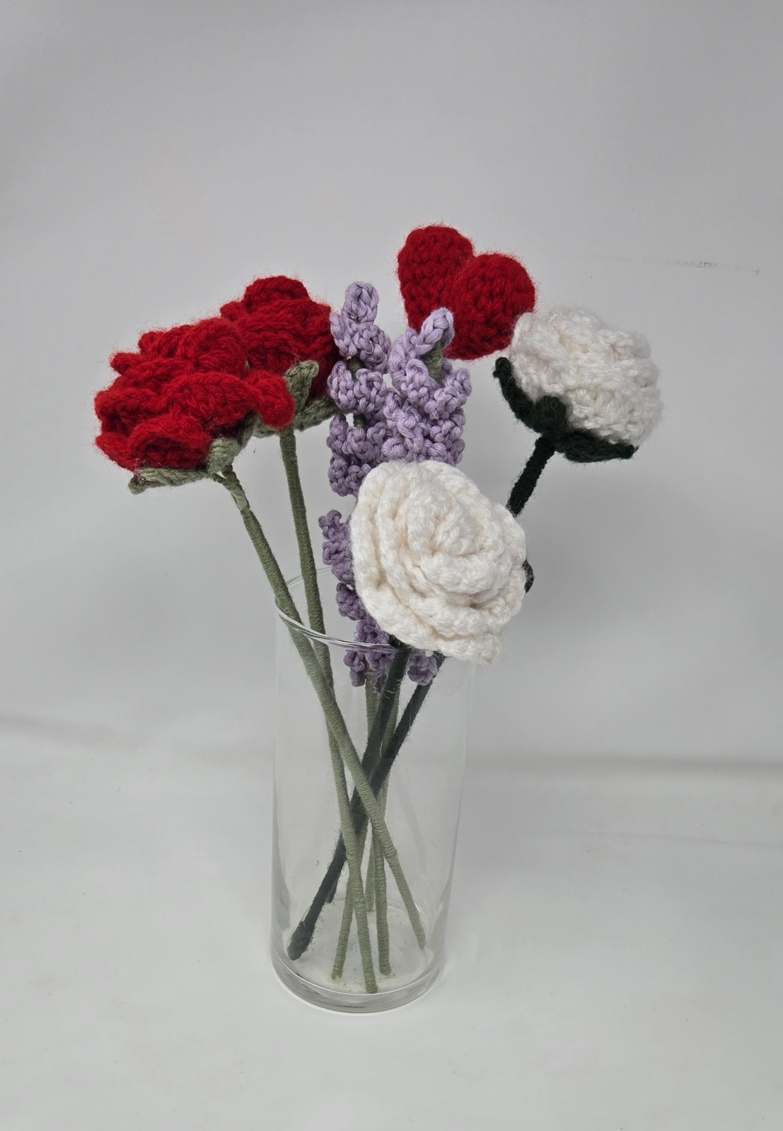 Vintage Handmade Crochet Flower Bouquet 7 Roses Lavender Heart VASE NOT Included