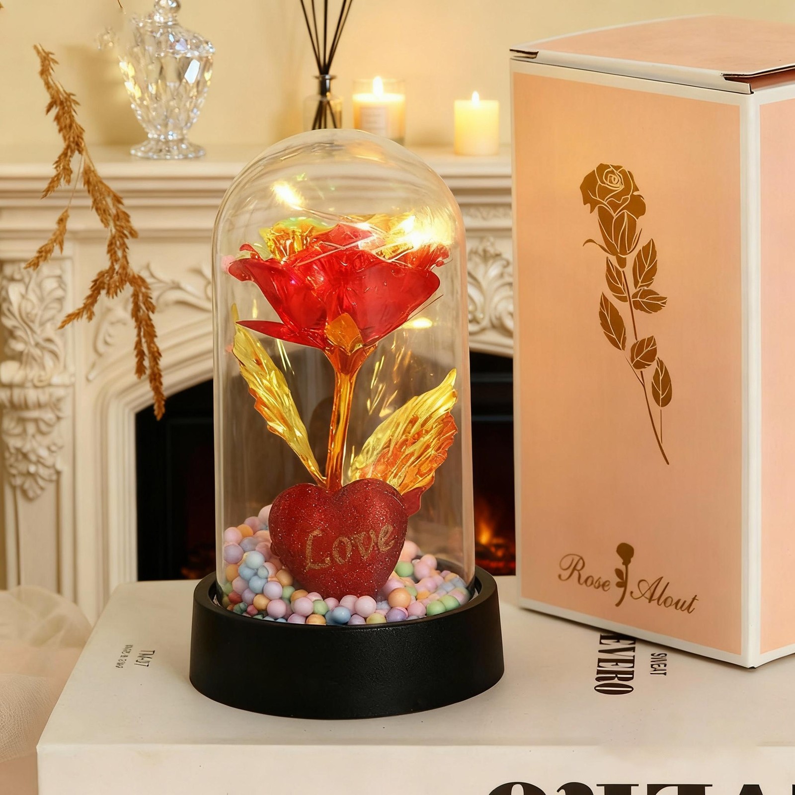 Golden Foil Flower with Lamp Eternal Rose Night Light Simulation Rose Desktop De