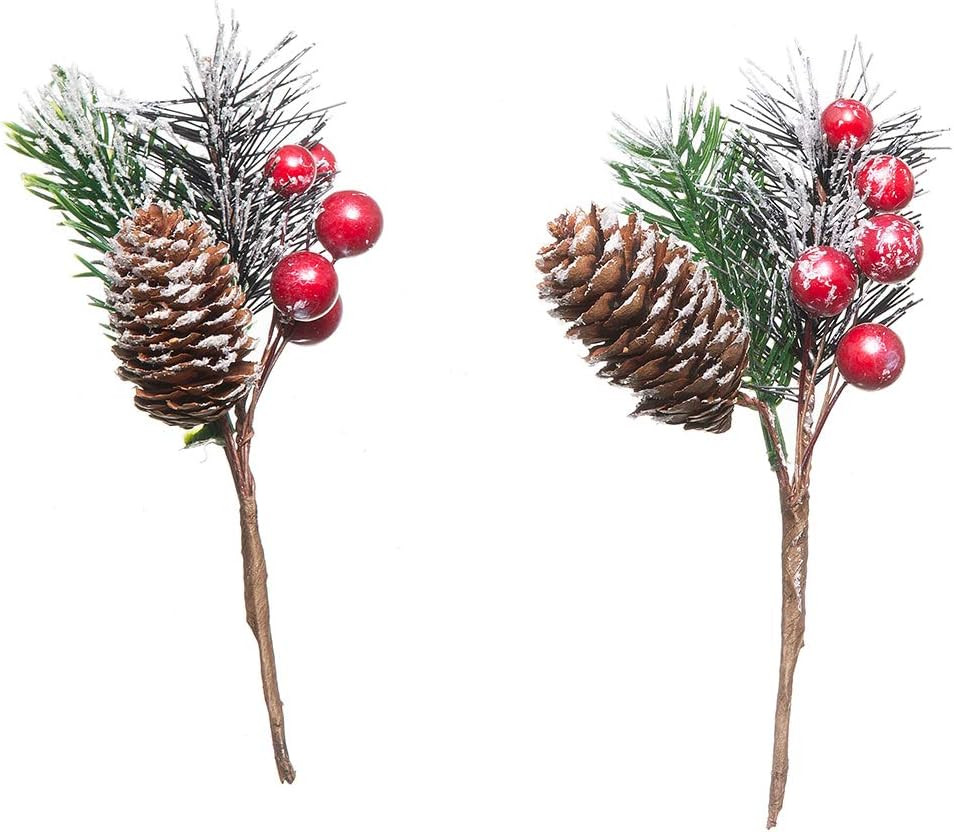 Christmas Tree Picks Red Berry Pine Cones Holly Leaves Floral Stems 20 Pack