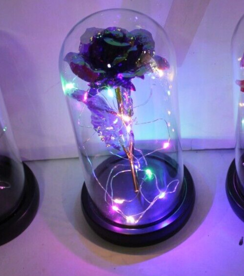 Blue Eternal Rose w LED Lights in Glass Dome Mothers Valentines Anniversary Gift