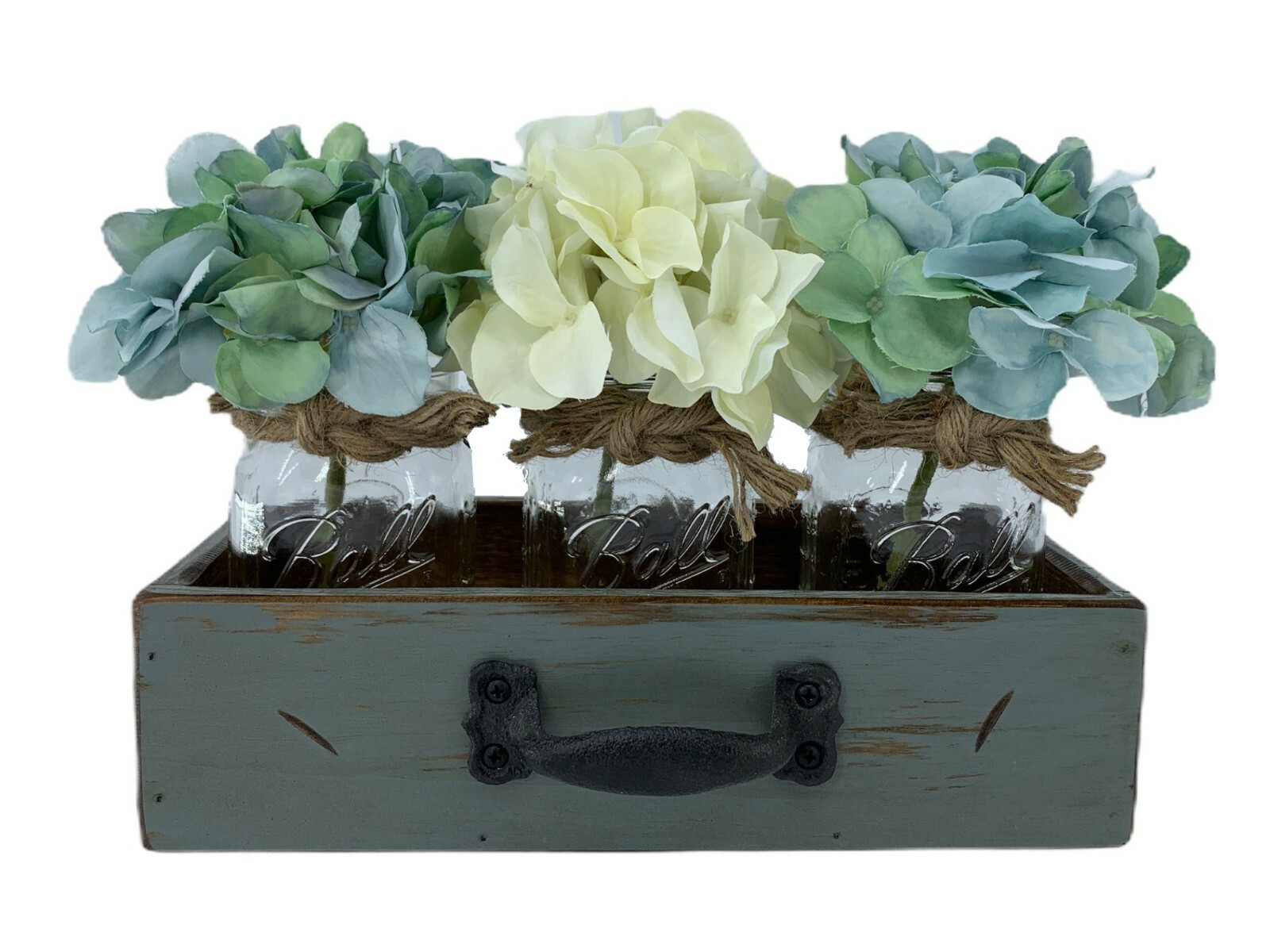 Centerpiece with 3 Mason Jars + 3 Flowers + Handmade Wood Drawer BLUE River Rock