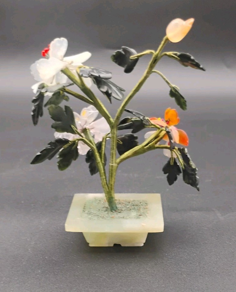 Carved Chinese Jade Crystal Hardstone Flowers Leaves & Planter Small 4 1/2″ Tall