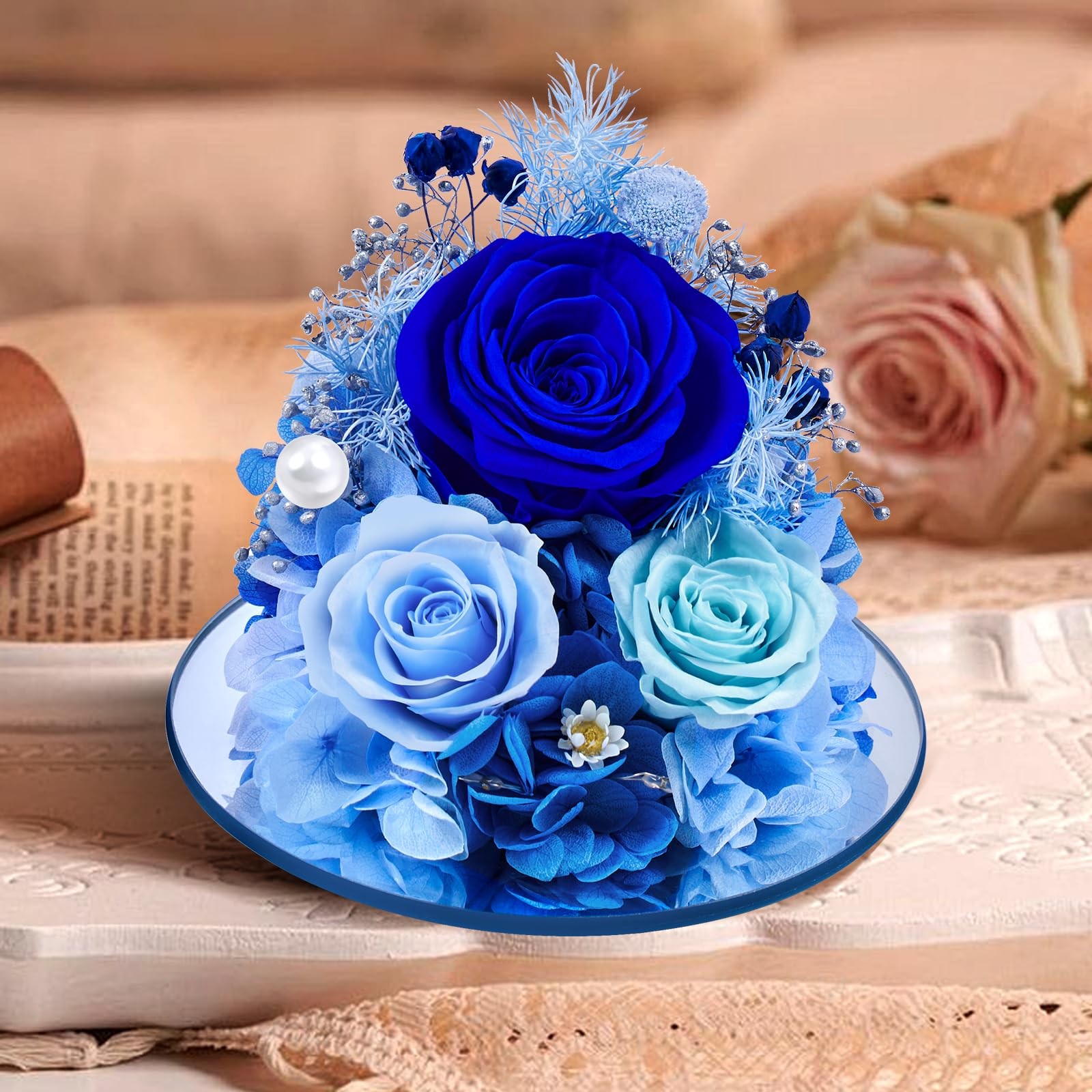Preserved Flowers in Glass Angel Figurine with LED Light,Forever Real Roses P…