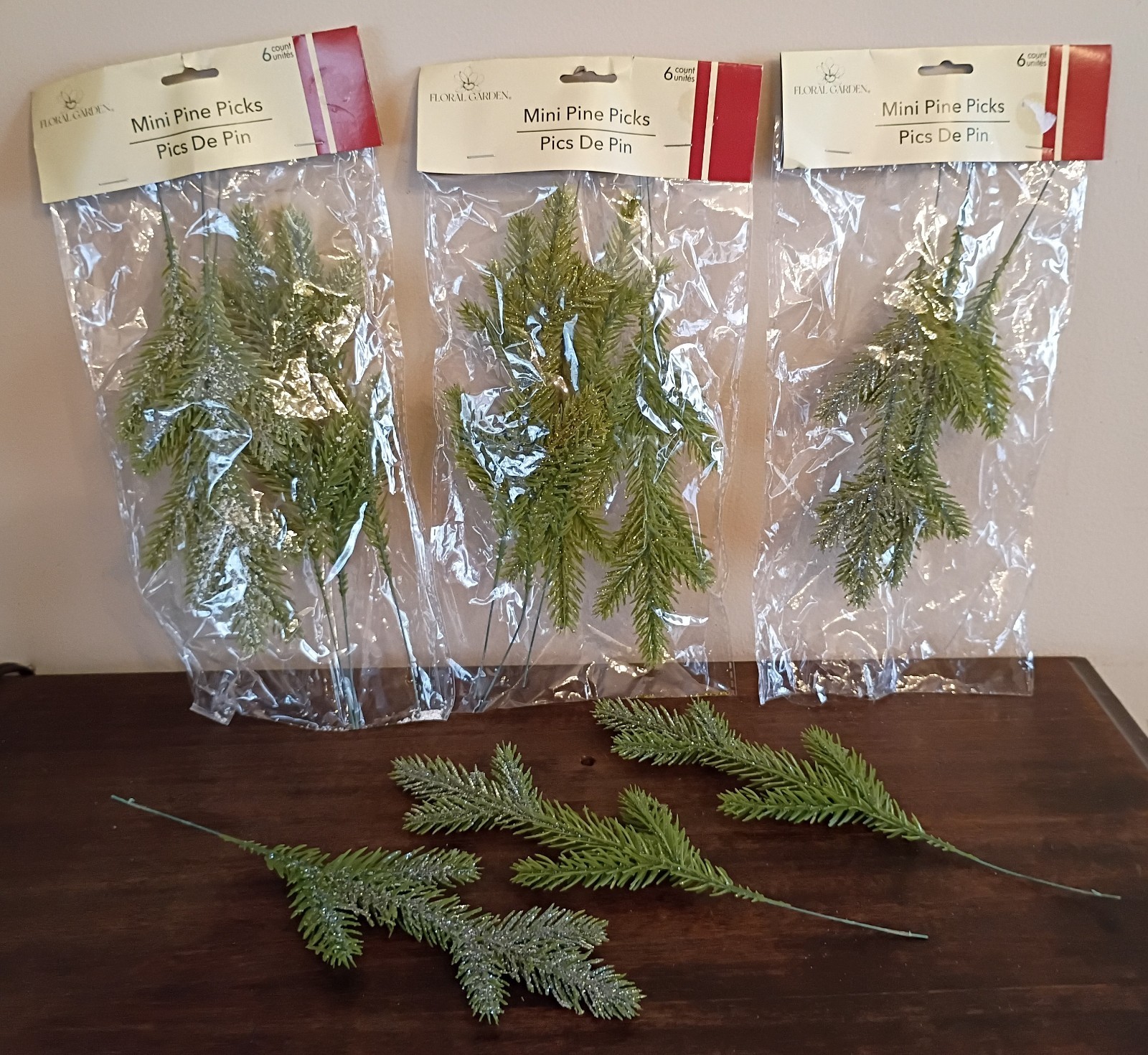 18 Pcs Mini Pine Picks 9.5″, Green Flocked & Glittery, Lot of 3 Packs Christmas