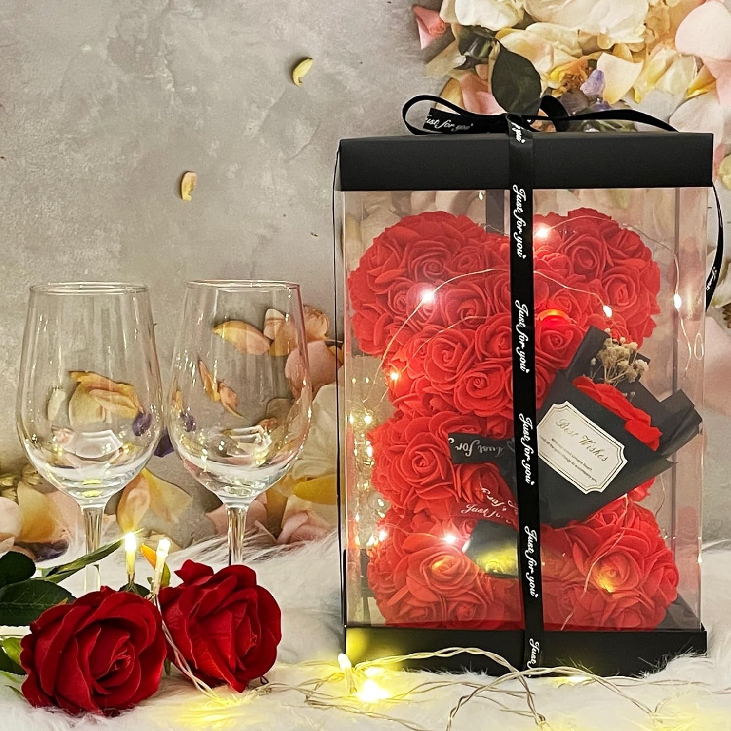 NEW RED ETERNAL ROSE BEAR WITH LED LIGHTS AND ROSE