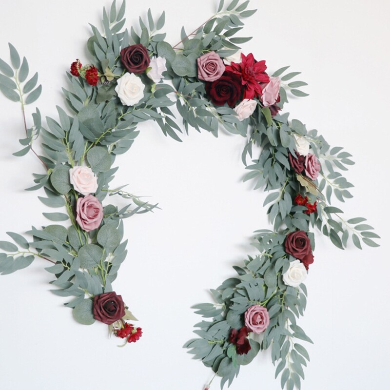 Fake Rattan Vine Wreath Simulation Hanging Lotus Wine Red Color