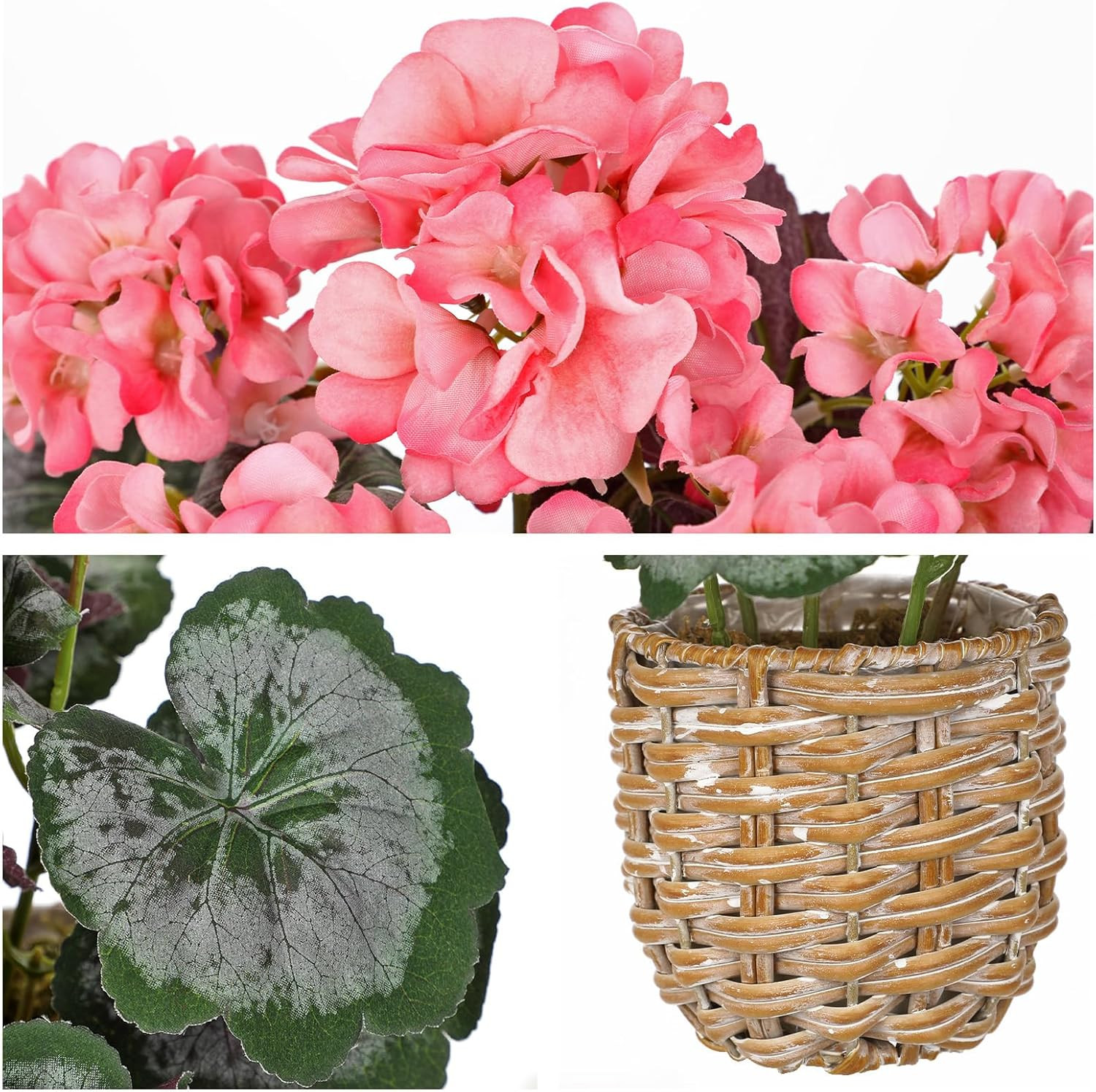Artificial Pink Geranium Flowers in Woven Basket, 11’’ Tall Silk Flower Arrangem