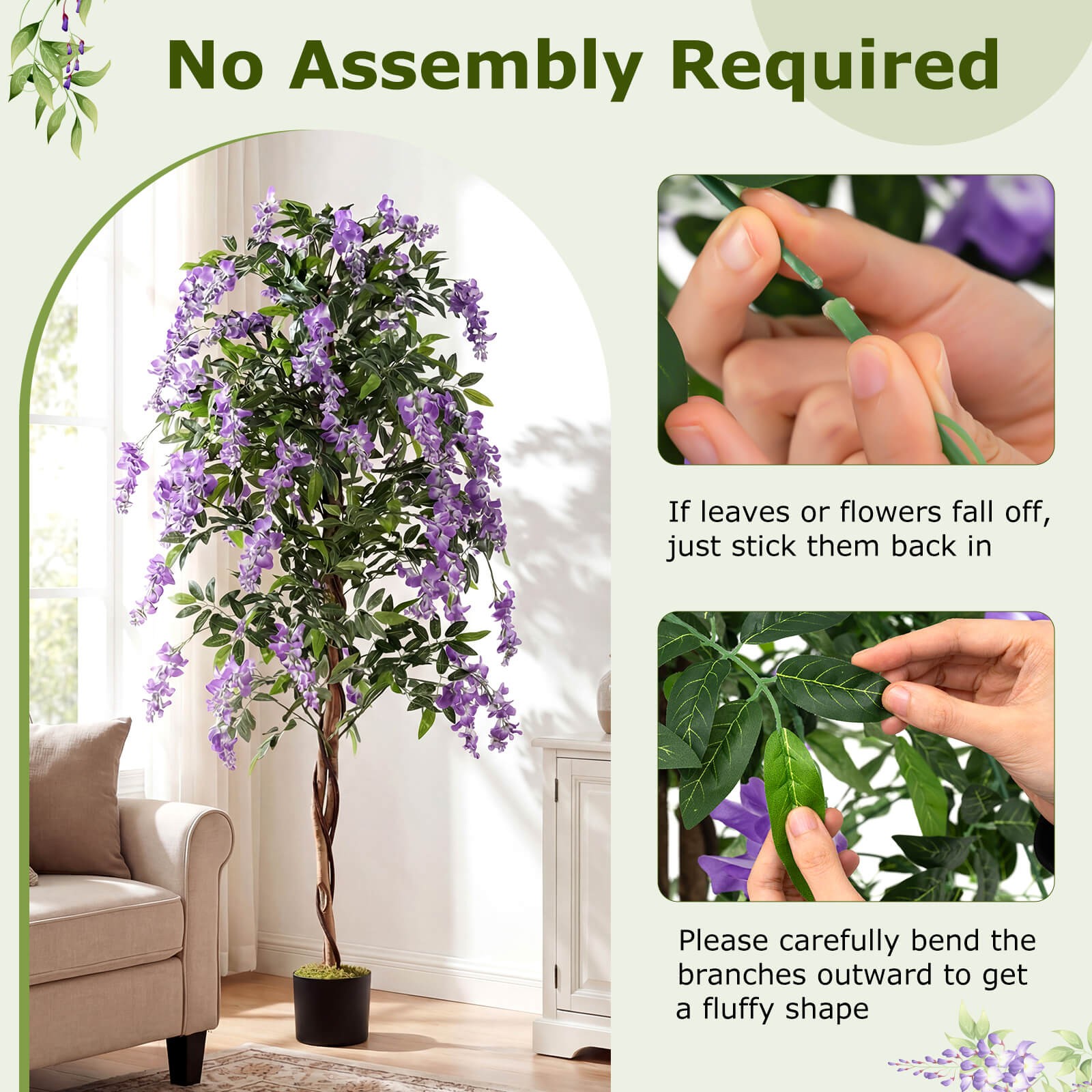 6 FT Artificial Wisteria Tree Set of 2 w/Natural Trunks Purple Lifelike Flowers