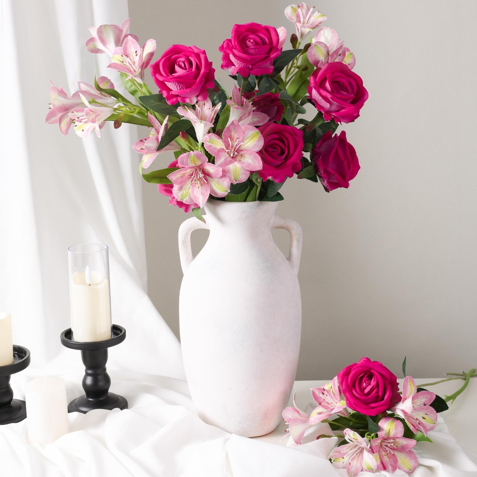 14 Pcs Artificial Flowers Red Roses Lilies Silk Bouquet Home Wedding Decor