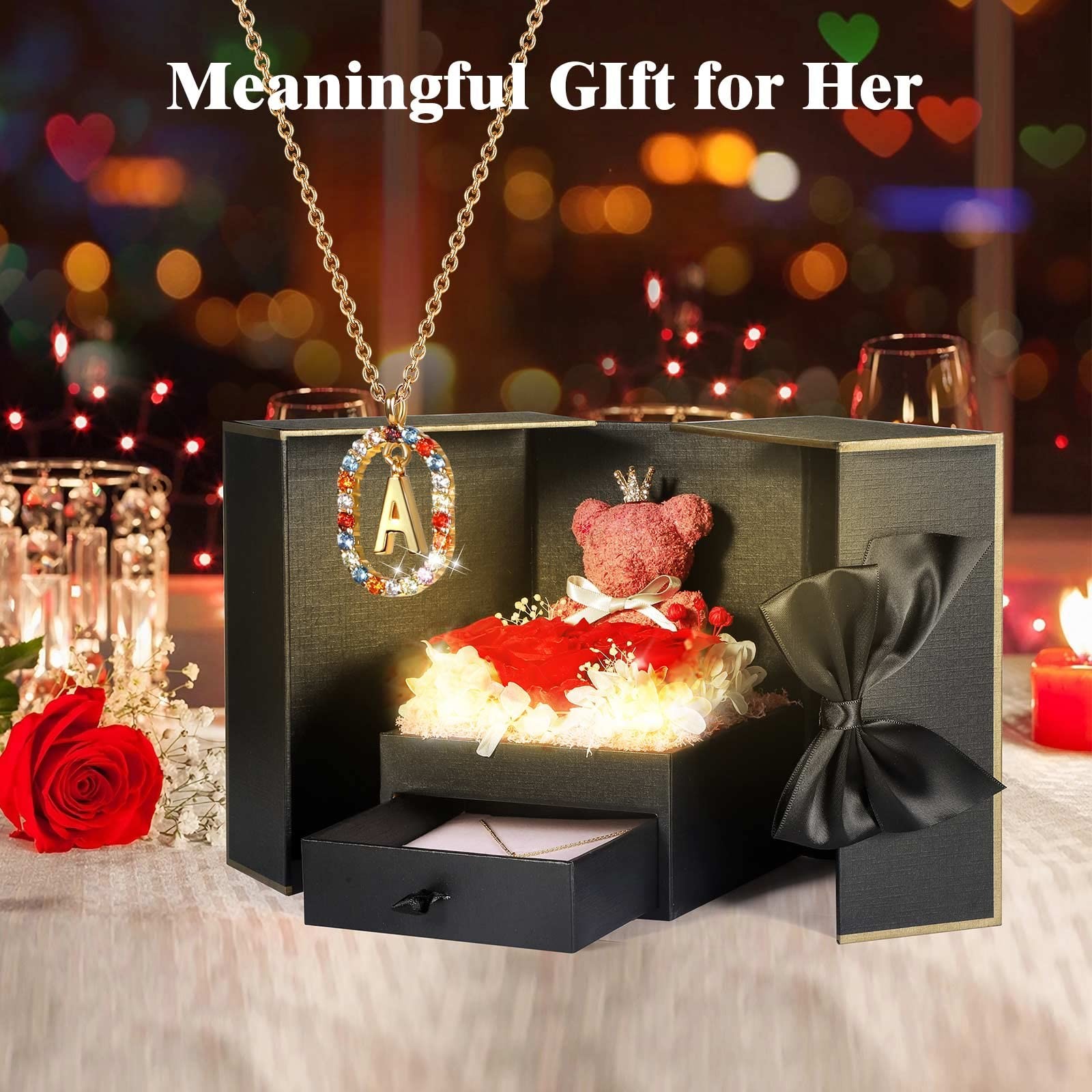Cute Preserved Real Roses Bear Gift Box for Red and Pink