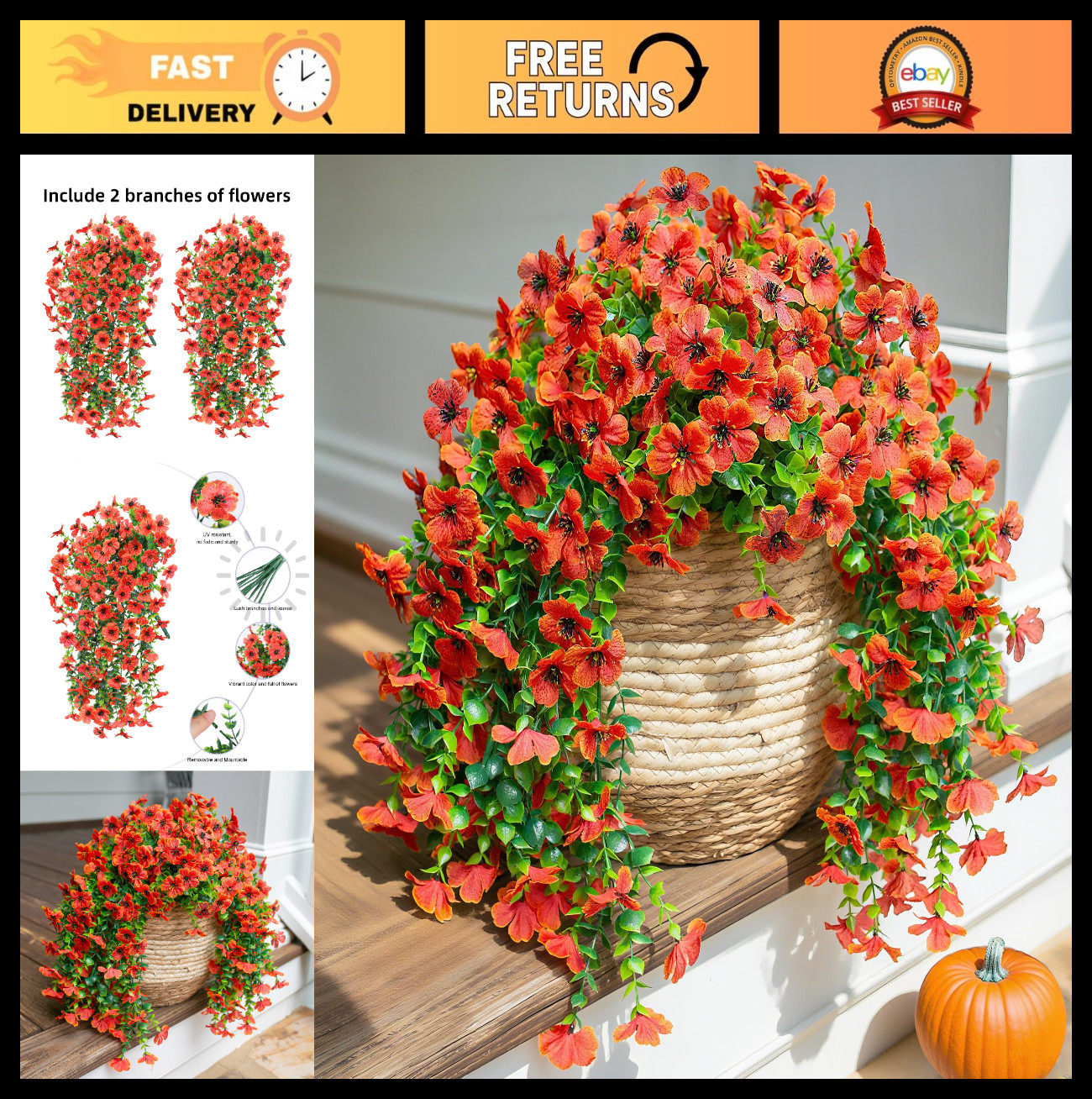 Fall Artificial Mums & Eucalyptus Hanging Decor – 2Pcs Orange Daisy Silk Flowers