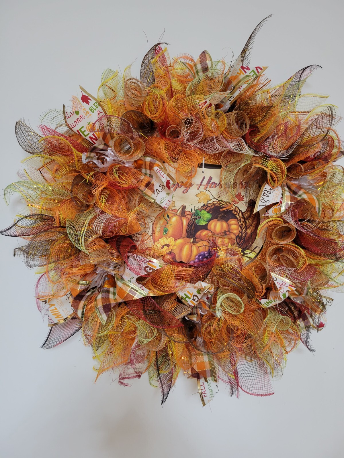 HAPPY HARVEST autumn Spring Mesh Front Door Wreath Wall Decor Bright colors