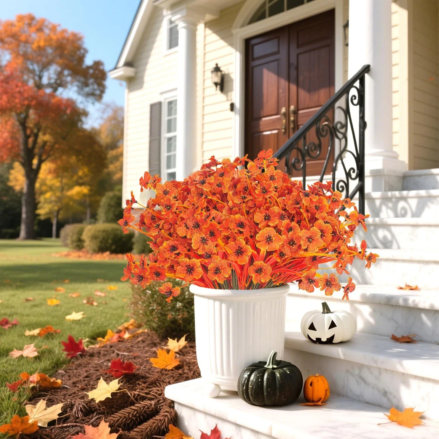 Fall Artificial Flowers 7-Stem 20 Flowerheads 13″ Weather Resistant Orange Decor