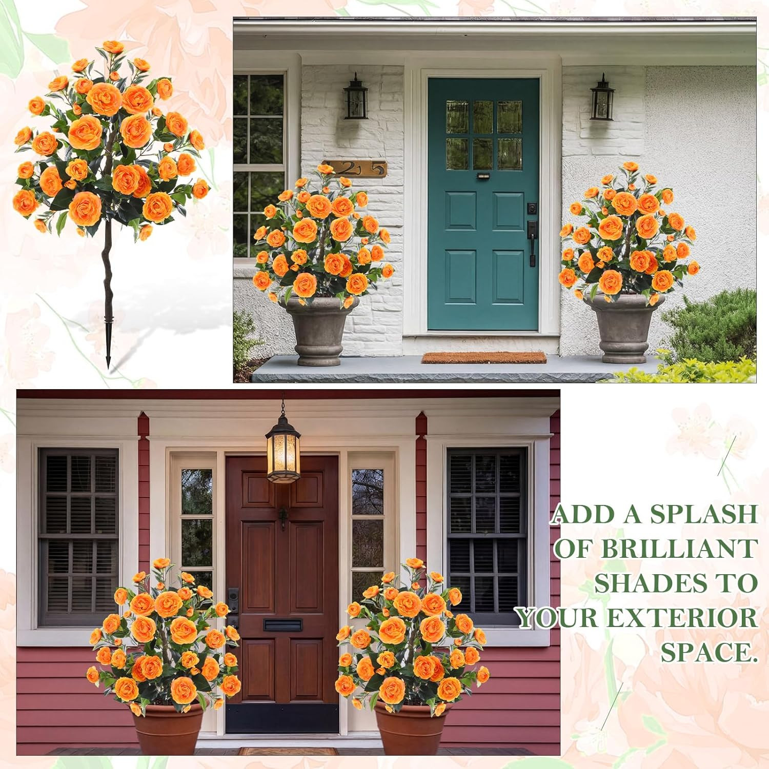 2 Pack 4Ft UV Resistant Faux Camellia Plants for Outdoor Decor, Orange