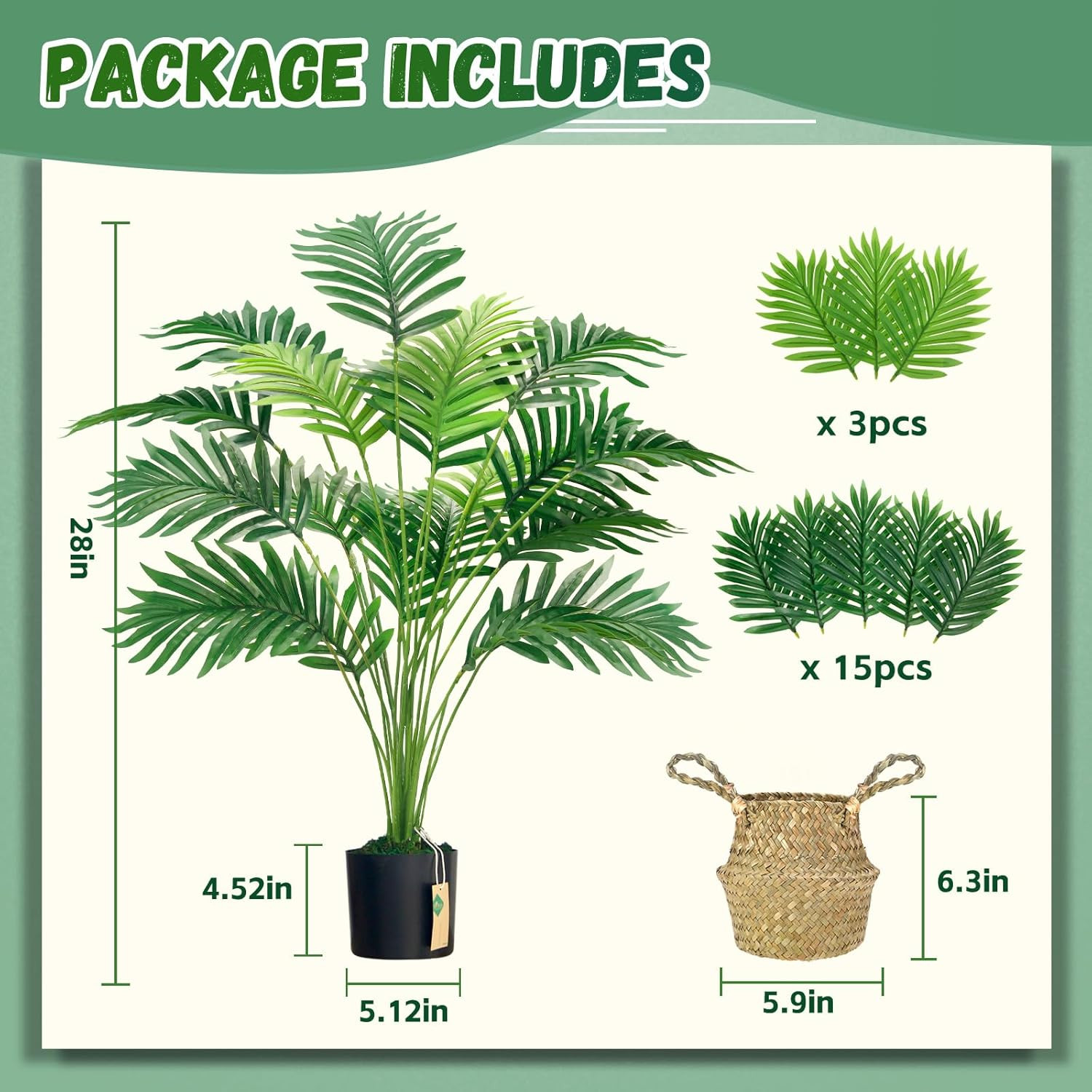 Fake Palm Tree 28Inch Large Fake Potted Faux Areca Palm Plant with Hand-Woven…