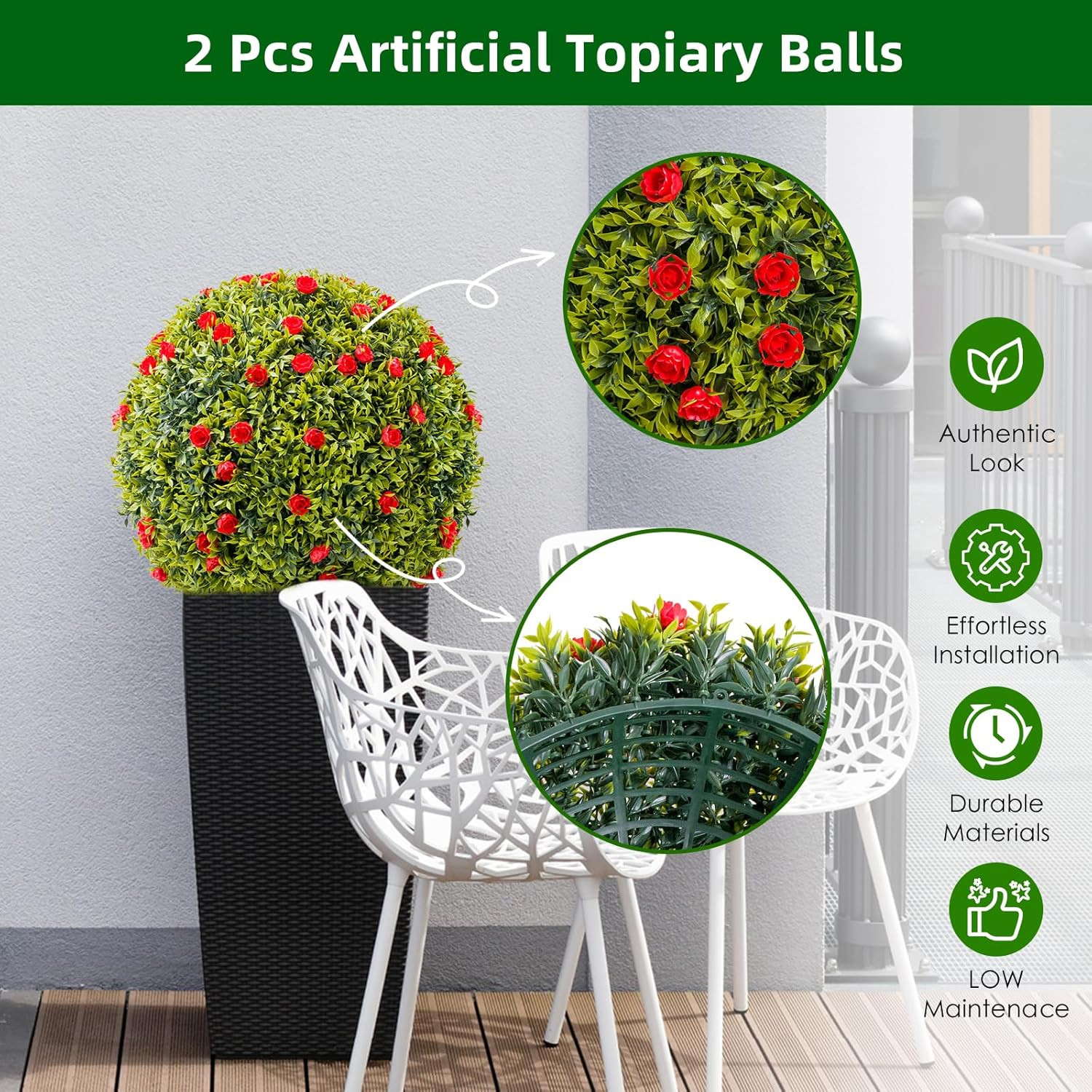 Set of 2 20.5″ Artificial Boxwood Topiary Balls with Red Flowers for Home Decor