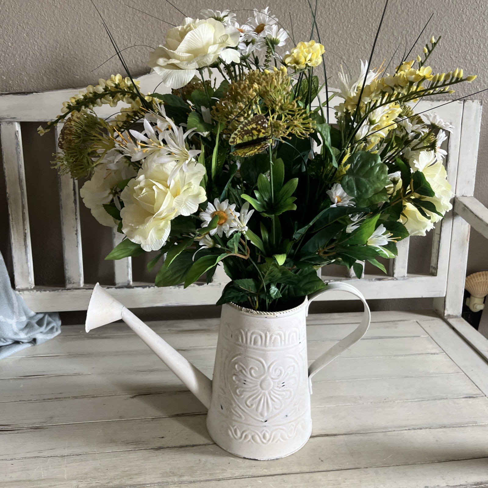 Vintage Artificial Flower Bouquet And Watering Can Large 24” Tall Cottagecore