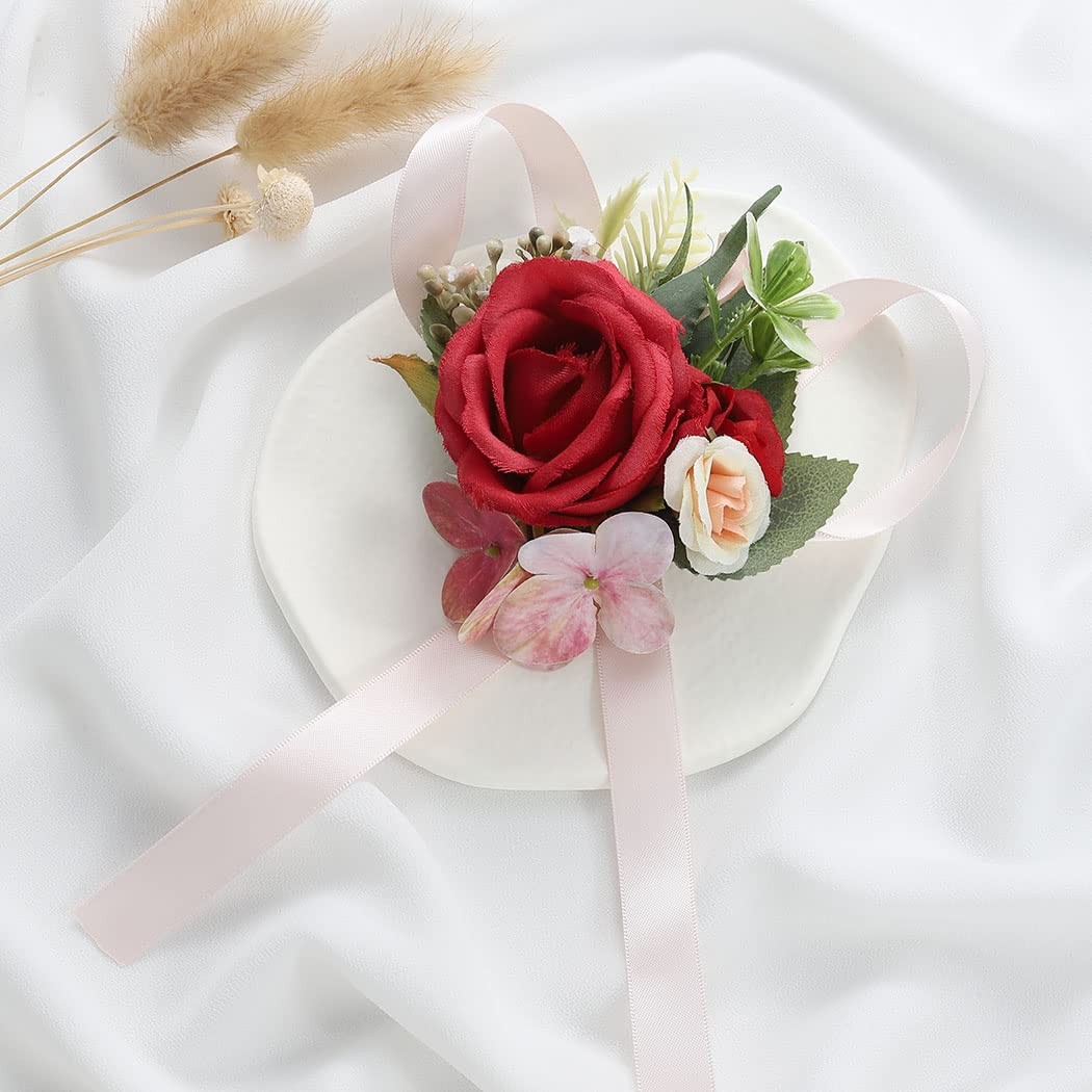 Prom Corsage Wristlet Red Rose Wrist Floral Decoration Women Girls ARed