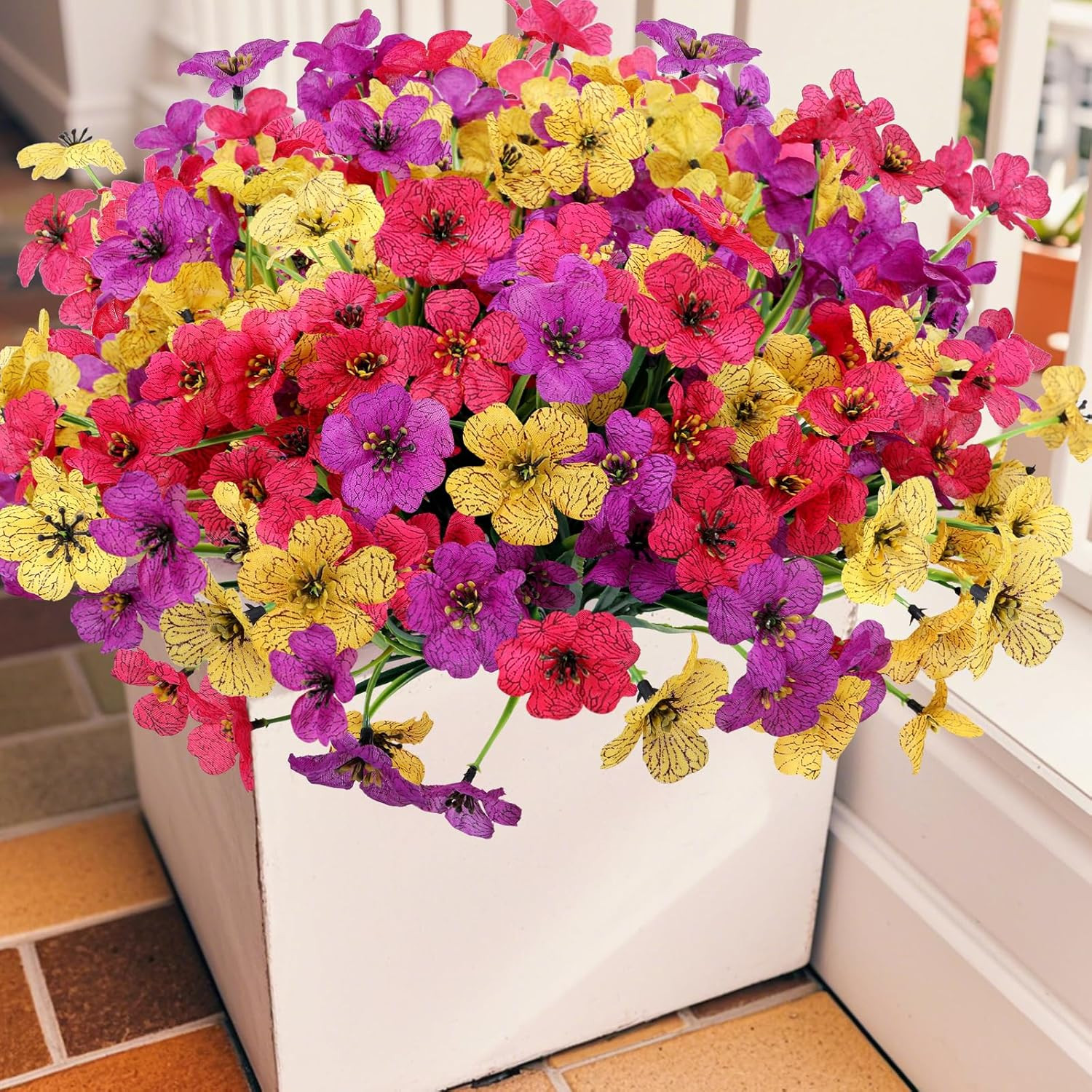 Geegoods Artificial Mums Flowers for Outdoors, 16 Bundles UV Resistant Fake Plas