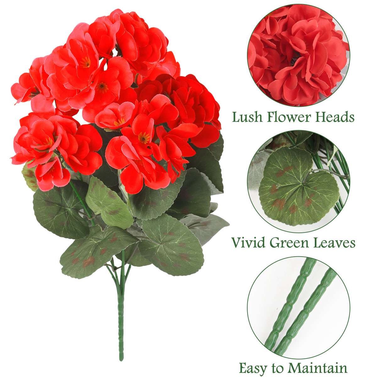 1-3 Pcs Artificial Geraniums Silk Flowers Outdoor Artificial Geranium Bush Red