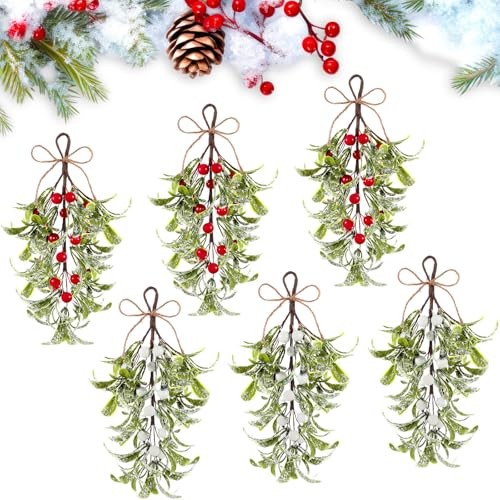 6 Pcs Christmas Mistletoe Decor Artificial Mistletoe 9 Inch Green, White, Red