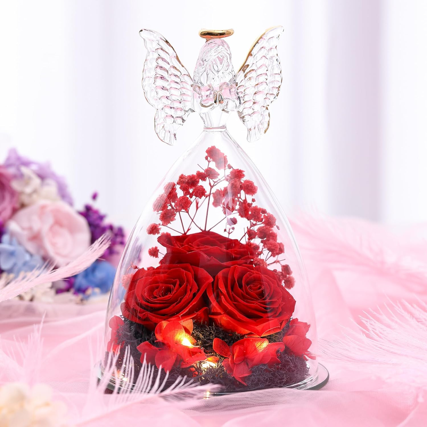 Mothers Day Rose Gifts for Women Preserved Real Flower in Glass Angel Figurines