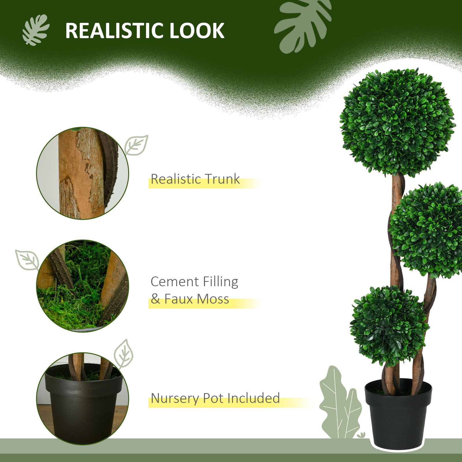 3.5ft Artificial Tree, Triple Ball Boxwood Topiary with Pot Sandalwood Leaves
