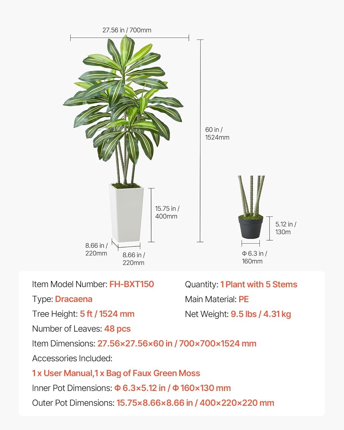 Artificial Dracaena Tree 5 Ft, Fake Palm Tropical Plants with White Tall Planter