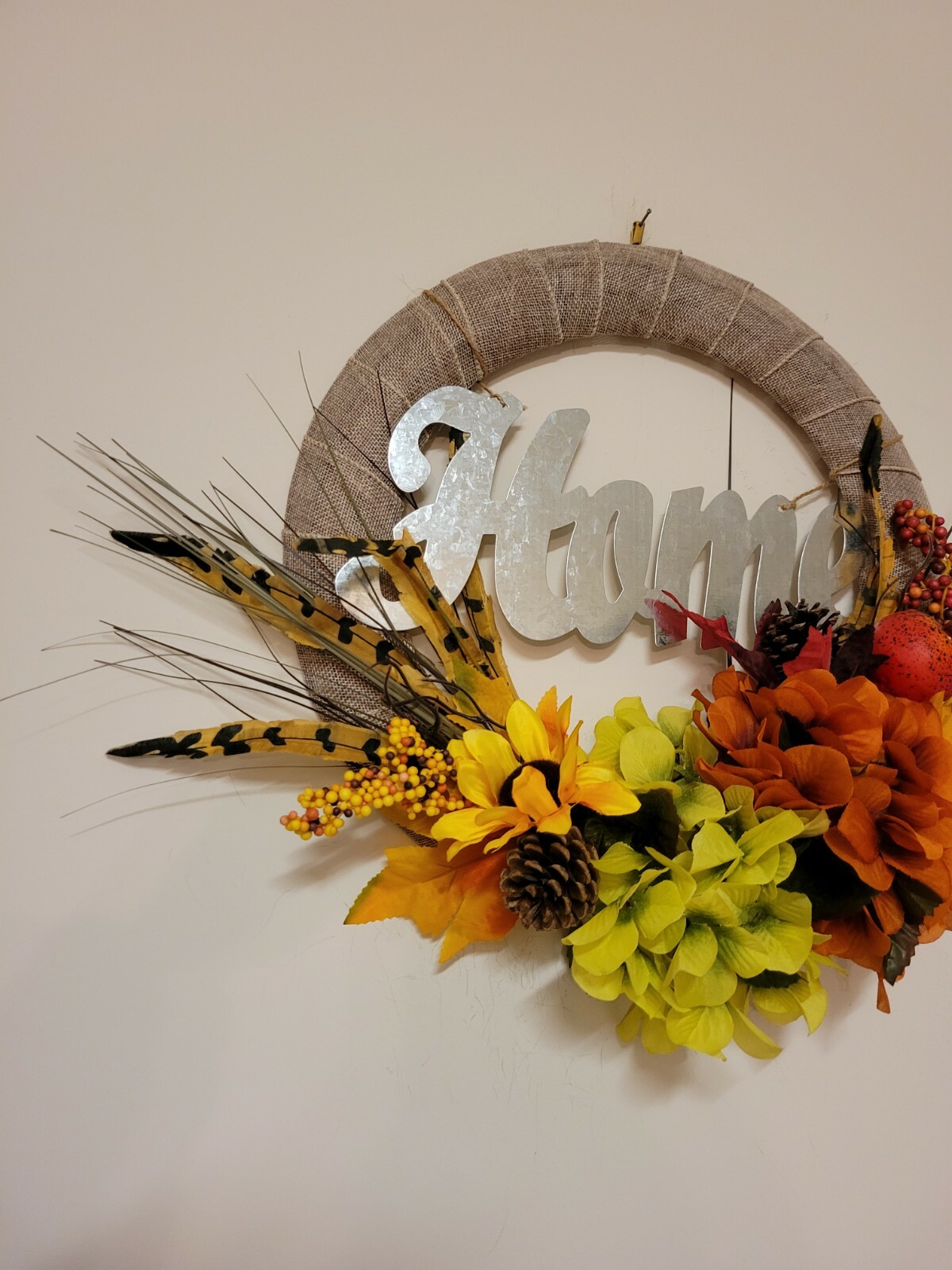 HOME Sunflower Hydrangeas Feather Mini Pomegranate burlap WREATH FALL Front Door