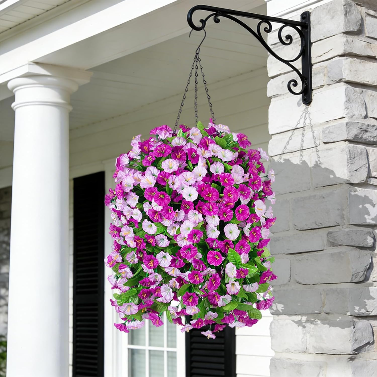 Artificial Flowers with Hanging Basket, Outdoor Faux Plants Silk Morning Glory V