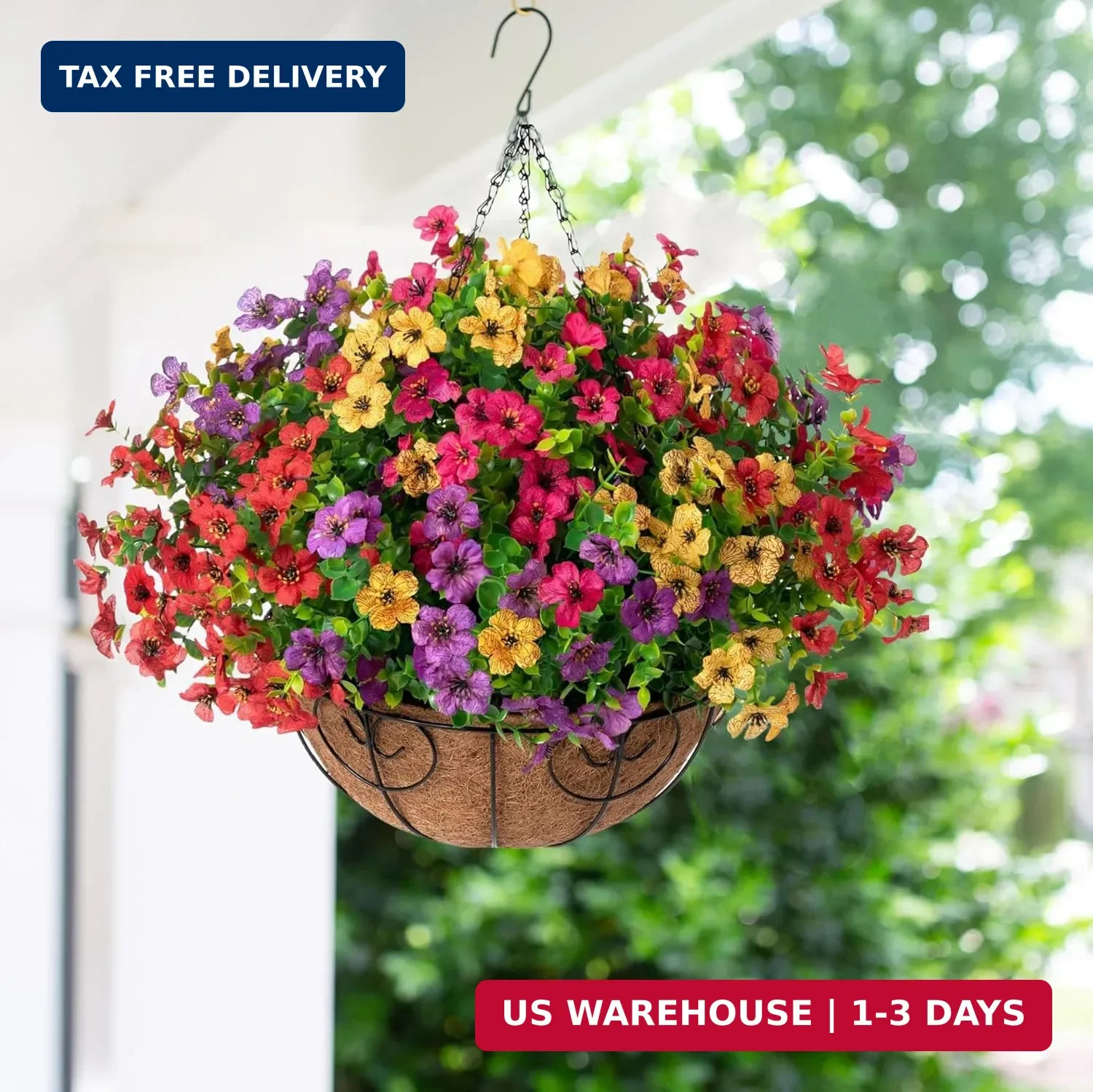 HyeFlora Artificial Faux Hanging Plants Flowers Basket for Summer Outdoor Outsid